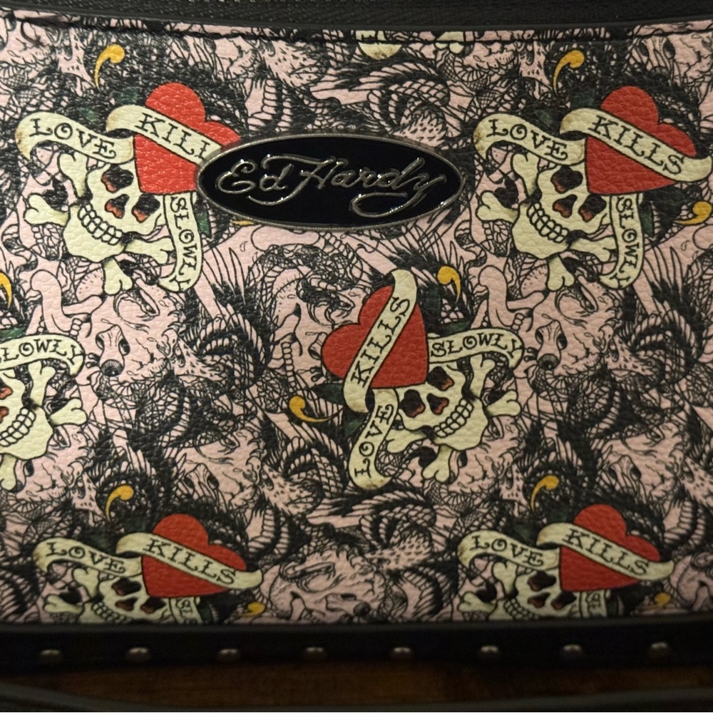 Ed Hardy Skull Design Crossbody Bag - Pink and Black - Picture 2 of 7
